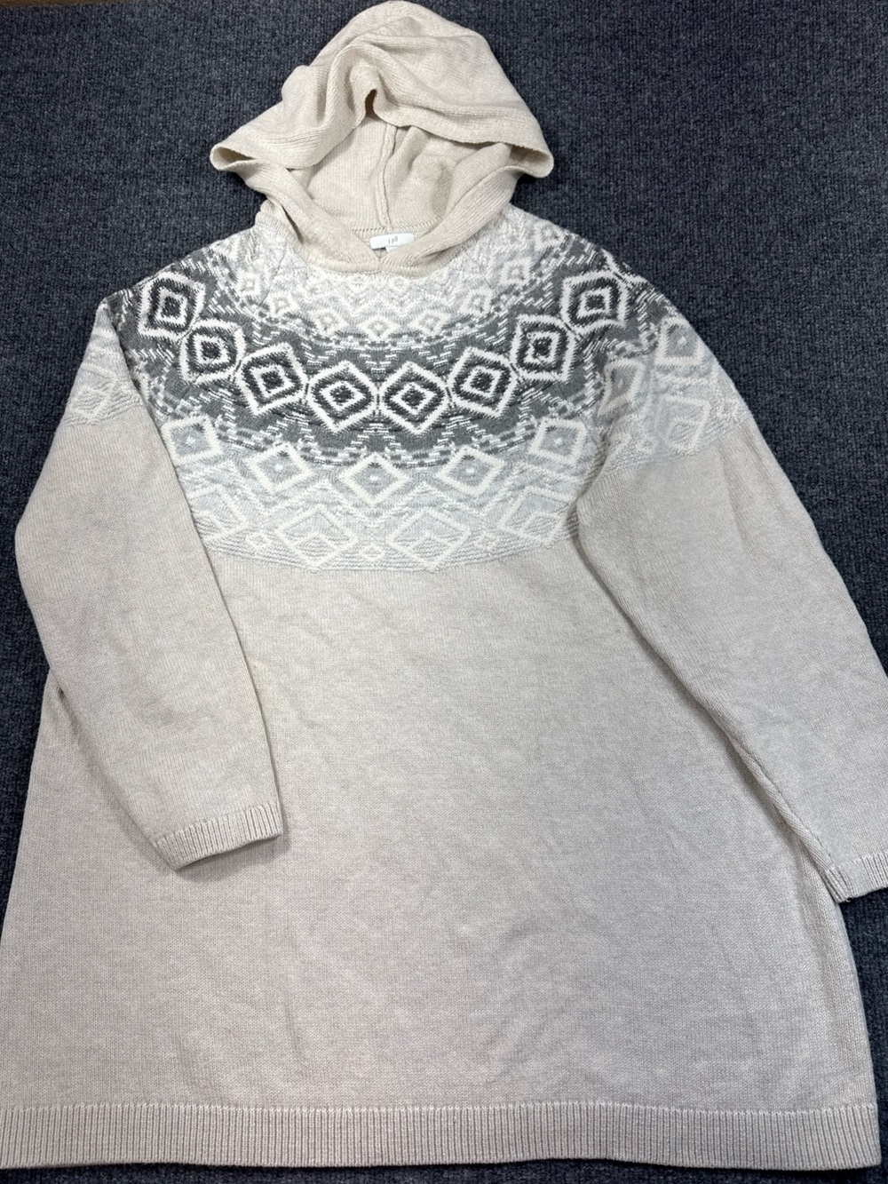 J Jill  Sweater Women’s Size 1X Fair Isle Knit 3/4 Sleeve Pullover Hooded Tunic